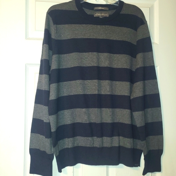 Eddie Bauer Merino Wool Cotton Blend Sweater Men's Size Large Stripes Blue Gray - Picture 1 of 8